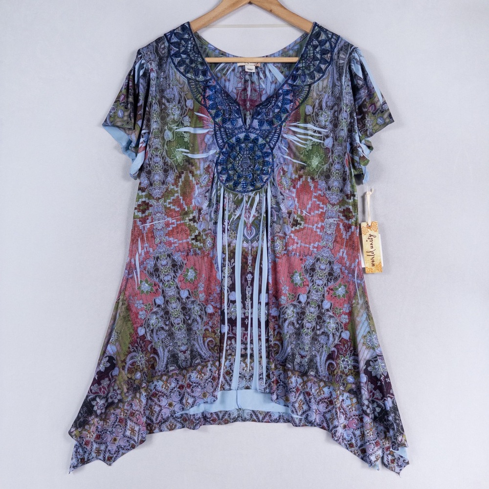 World Unity Tunic Top Womens XL Blue Floral Rhinestones Sharkbite Boho Glam New
